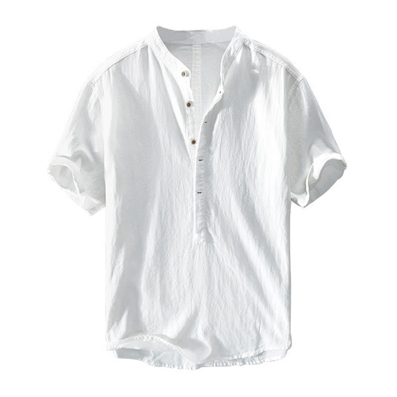 Buddha Stones Solid Color Short Sleeve Half Button Shirt Cotton Men Clothing - image 9