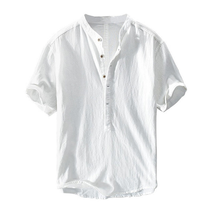 Buddha Stones Solid Color Short Sleeve Half Button Shirt Cotton Men Clothing - image 9