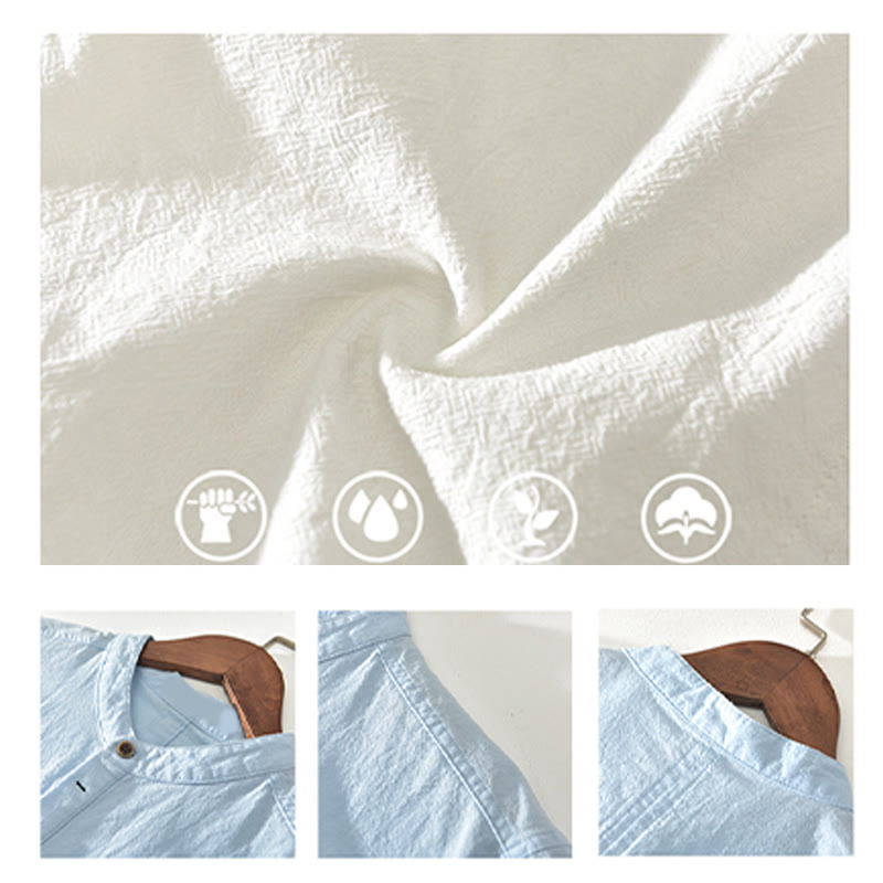 Buddha Stones Solid Color Short Sleeve Half Button Shirt Cotton Linen Men Clothing - image 14