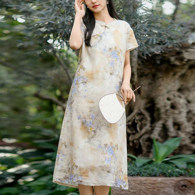 Buddha Stones Flowers Plant Short Sleeve Ramie Linen Chinese Cheongsam Midi Dress With Pockets