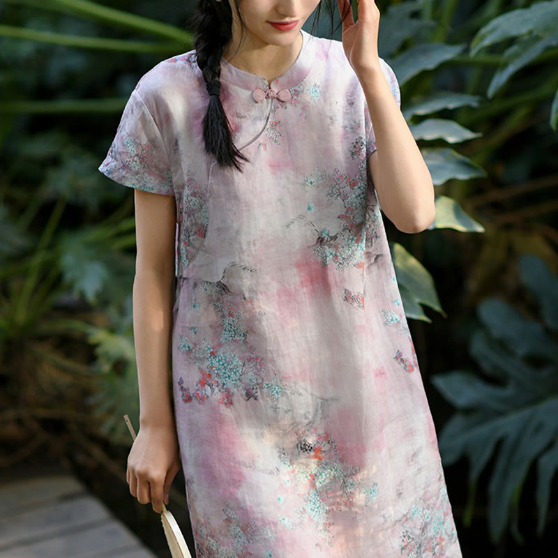 Buddha Stones Flowers Plant Short Sleeve Ramie Linen Chinese Cheongsam Midi Dress With Pockets