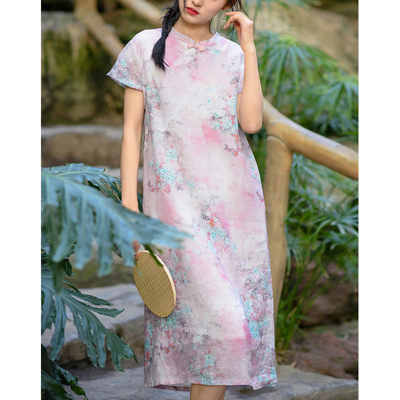 Buddha Stones Flowers Plant Short Sleeve Ramie Linen Chinese Cheongsam Midi Dress With Pockets