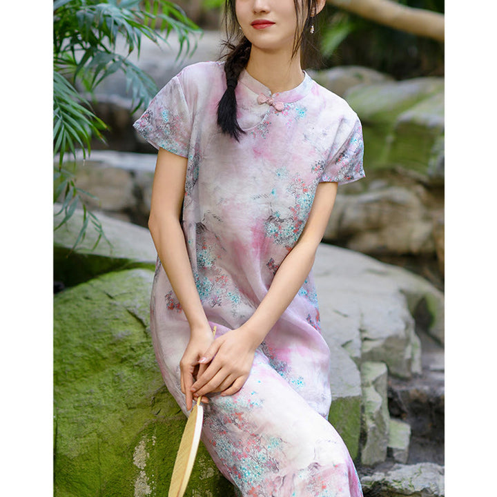 Buddha Stones Flowers Plant Short Sleeve Ramie Linen Chinese Cheongsam Midi Dress With Pockets