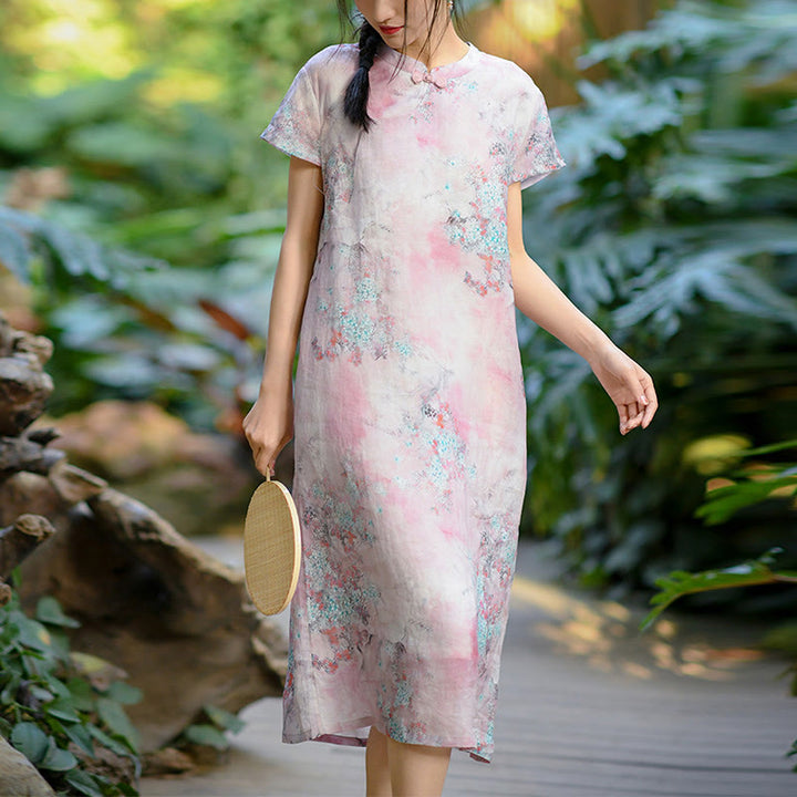 Buddha Stones Flowers Plant Short Sleeve Ramie Linen Chinese Cheongsam Midi Dress With Pockets