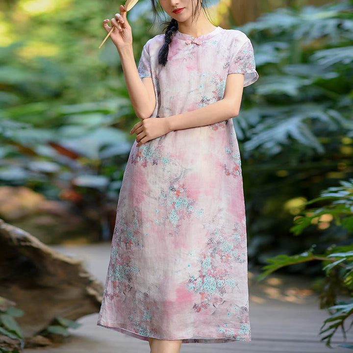 Buddha Stones Flowers Plant Short Sleeve Ramie Linen Chinese Cheongsam Midi Dress With Pockets