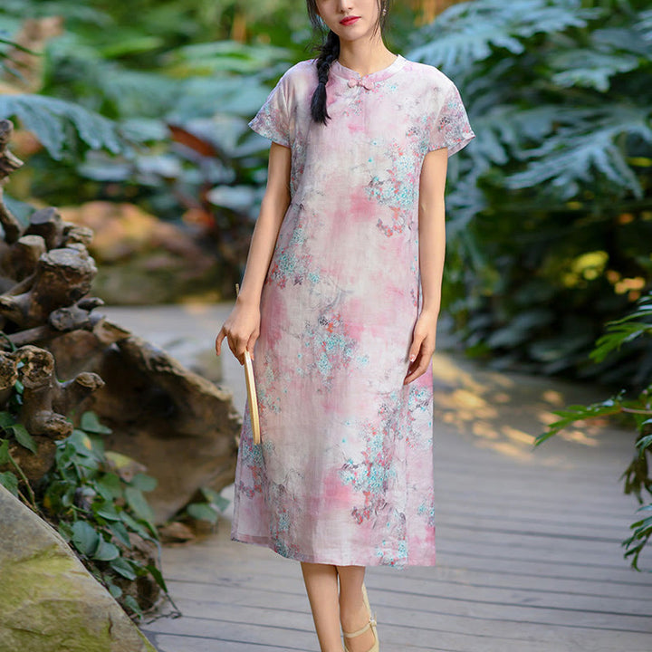 Buddha Stones Flowers Plant Short Sleeve Ramie Linen Chinese Cheongsam Midi Dress With Pockets