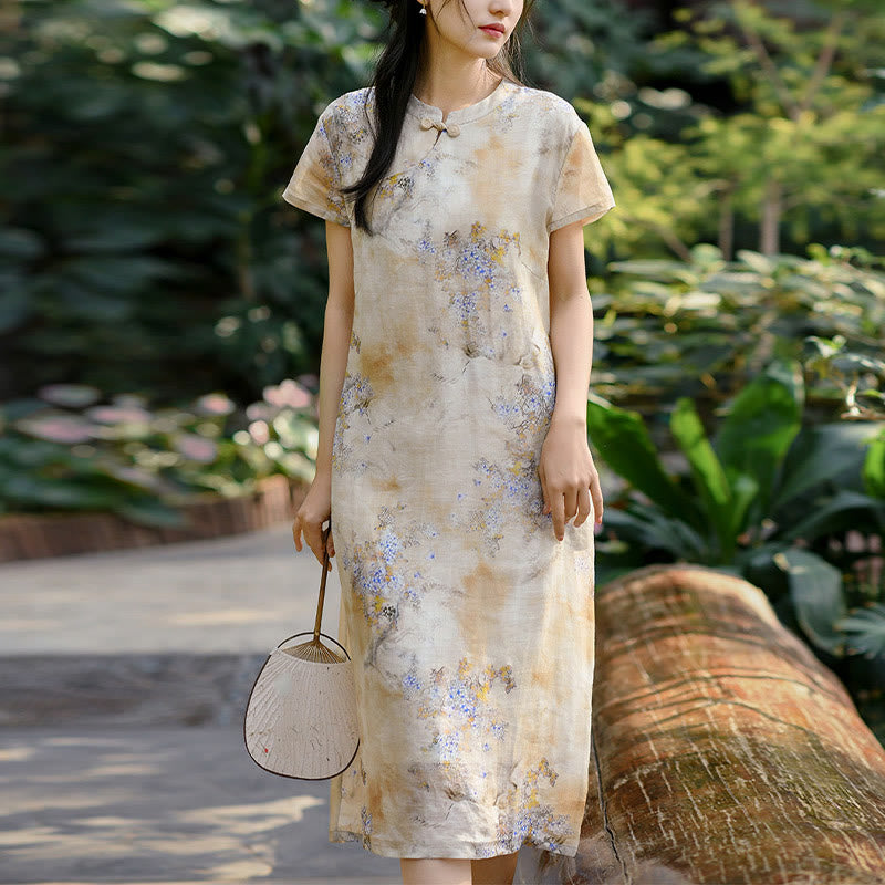 Buddha Stones Flowers Plant Short Sleeve Ramie Linen Chinese Cheongsam Midi Dress With Pockets