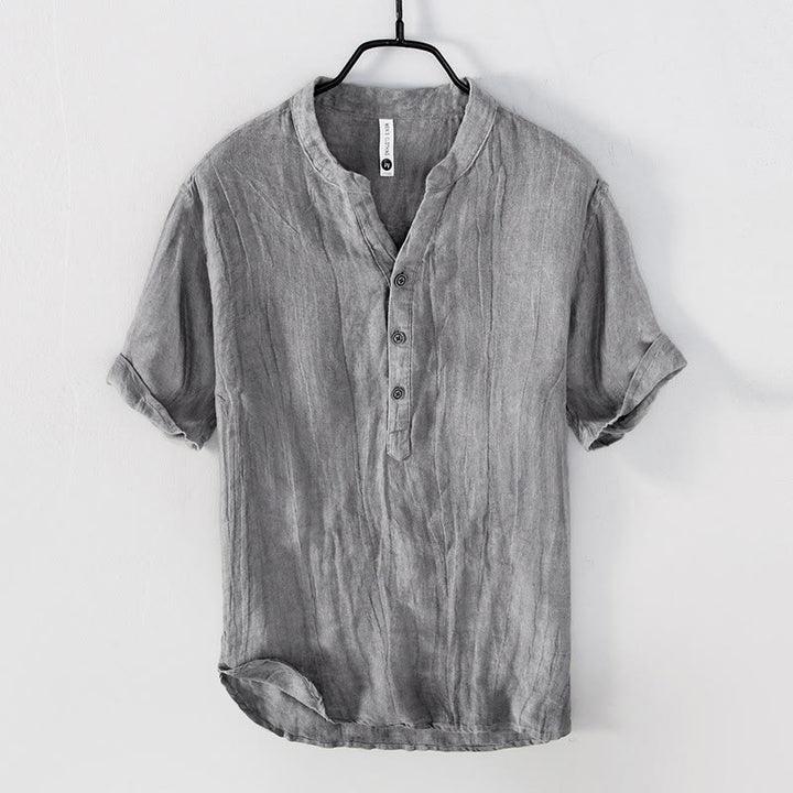 Buddha Stones Solid Color Short Sleeve Half Button Shirt Cotton Linen Men Clothing