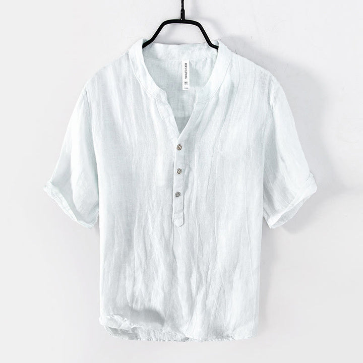 Buddha Stones Solid Color Short Sleeve Half Button Shirt Cotton Linen Men Clothing - White - US/UK/AU50，EU60 (5XL) - image 14