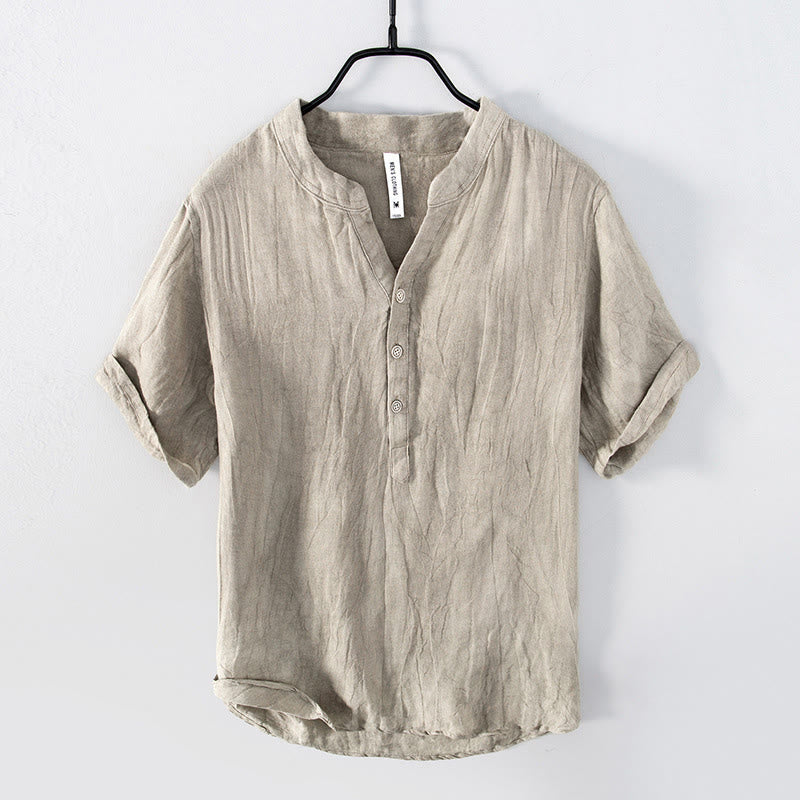 Buddha Stones Solid Color Short Sleeve Half Button Shirt Cotton Linen Men Clothing - Linen - US/UK/AU50，EU60 (5XL) - image 19