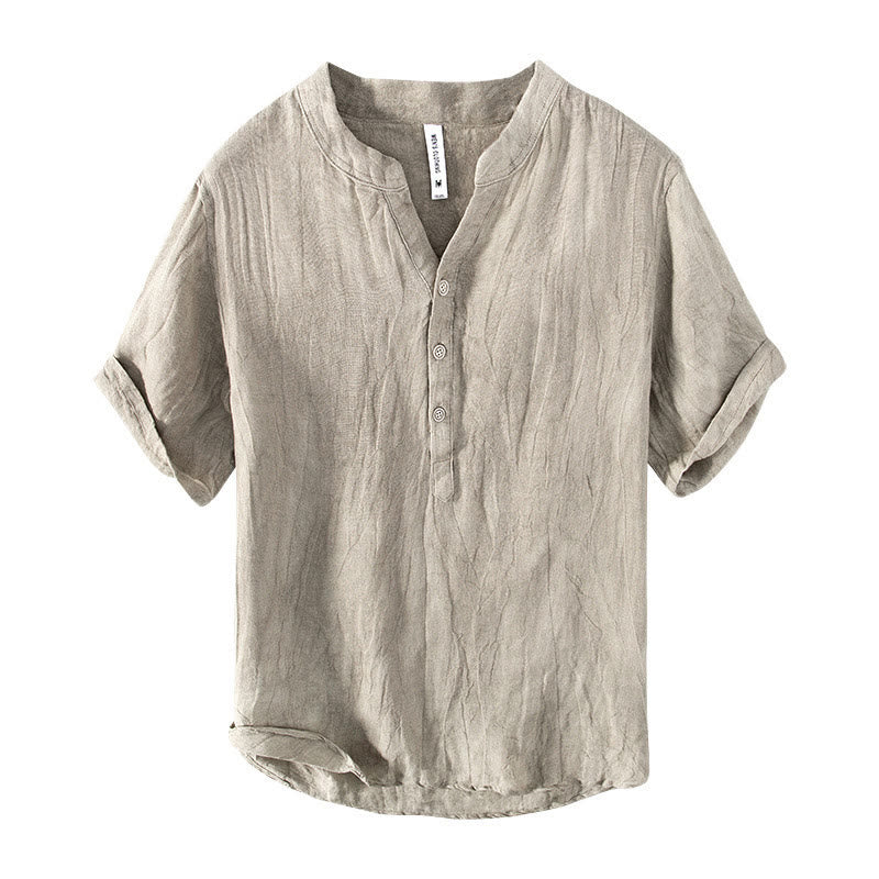 Buddha Stones Solid Color Short Sleeve Half Button Shirt Cotton Linen Men Clothing - image 21