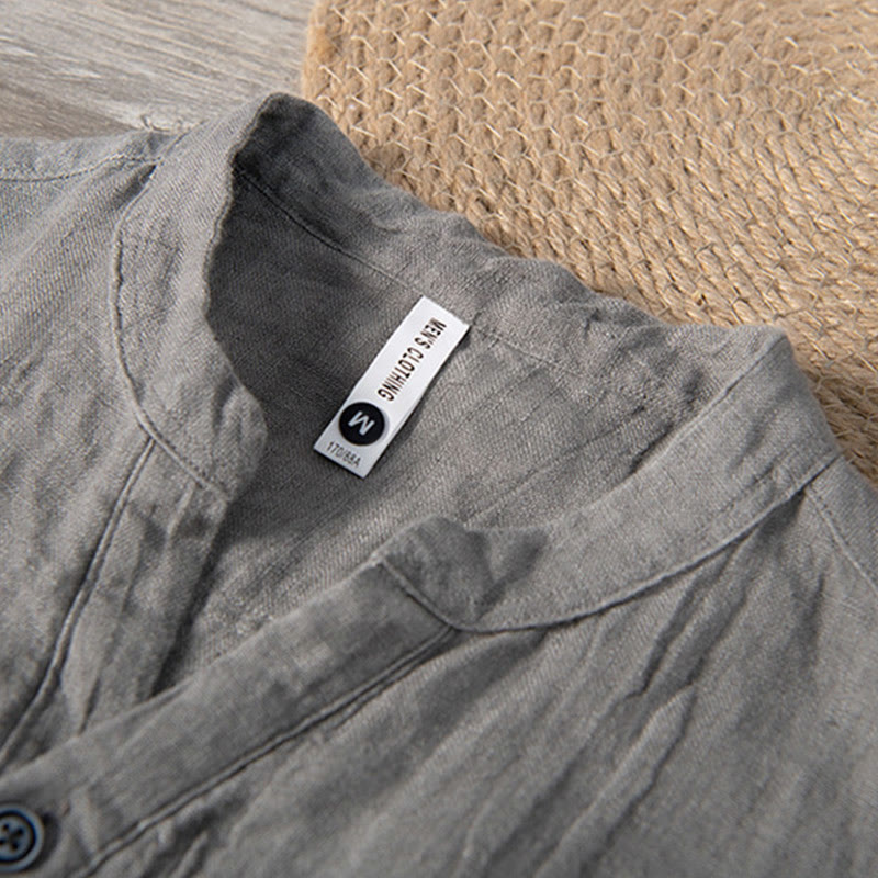 Buddha Stones Solid Color Short Sleeve Half Button Shirt Cotton Linen Men Clothing - image 4