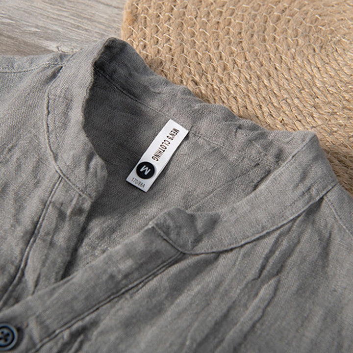 Buddha Stones Solid Color Short Sleeve Half Button Shirt Cotton Linen Men Clothing - image 4