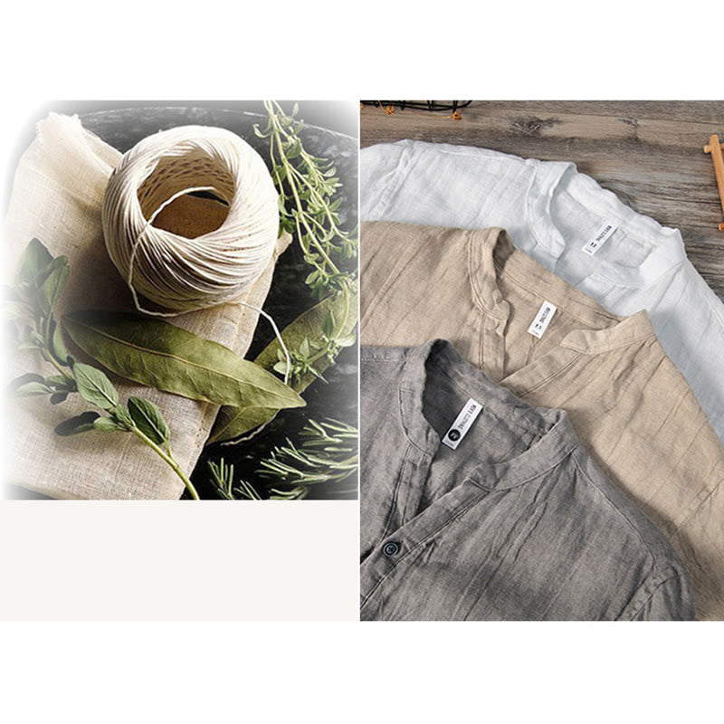 Buddha Stones Solid Color Short Sleeve Half Button Shirt Cotton Linen Men Clothing - image 22