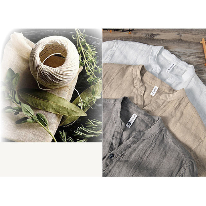 Buddha Stones Solid Color Short Sleeve Half Button Shirt Cotton Linen Men Clothing - image 22