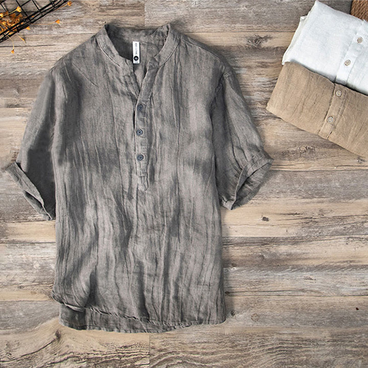 Buddha Stones Solid Color Short Sleeve Half Button Shirt Cotton Linen Men Clothing - image 2