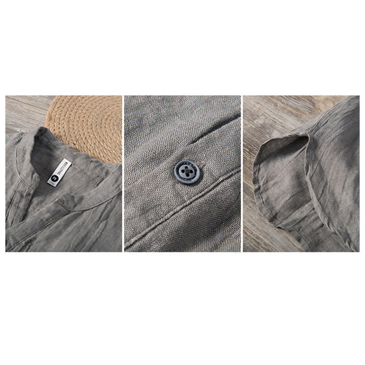 Buddha Stones Solid Color Short Sleeve Half Button Shirt Cotton Linen Men Clothing - image 13