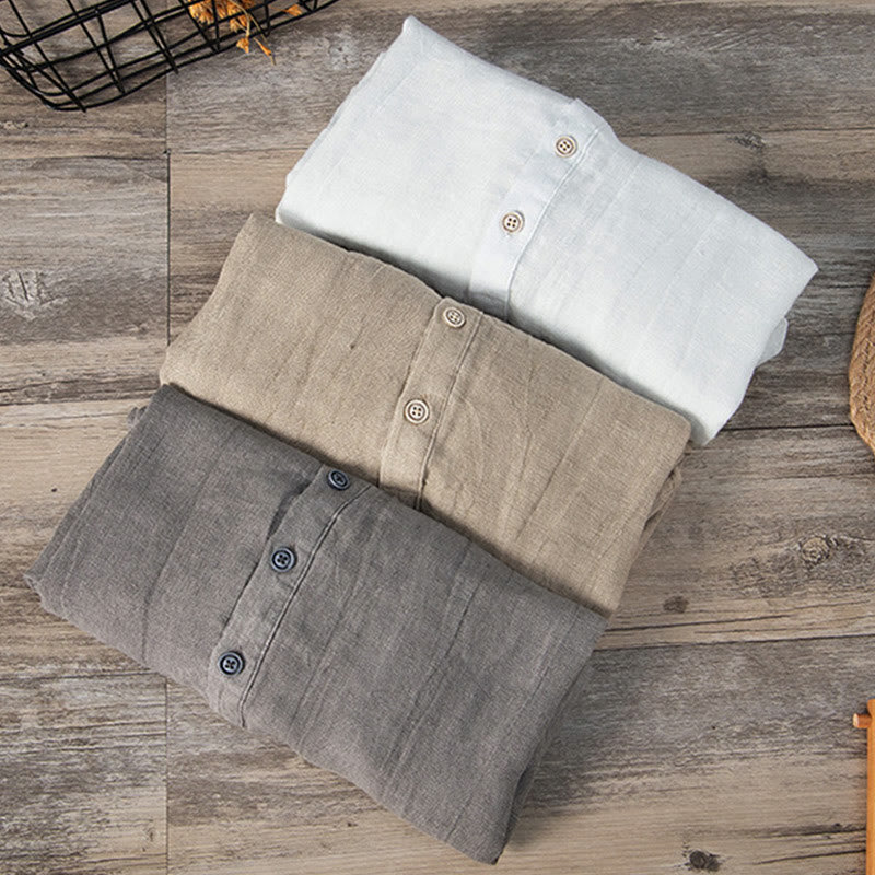 Buddha Stones Solid Color Short Sleeve Half Button Shirt Cotton Linen Men Clothing - image 2