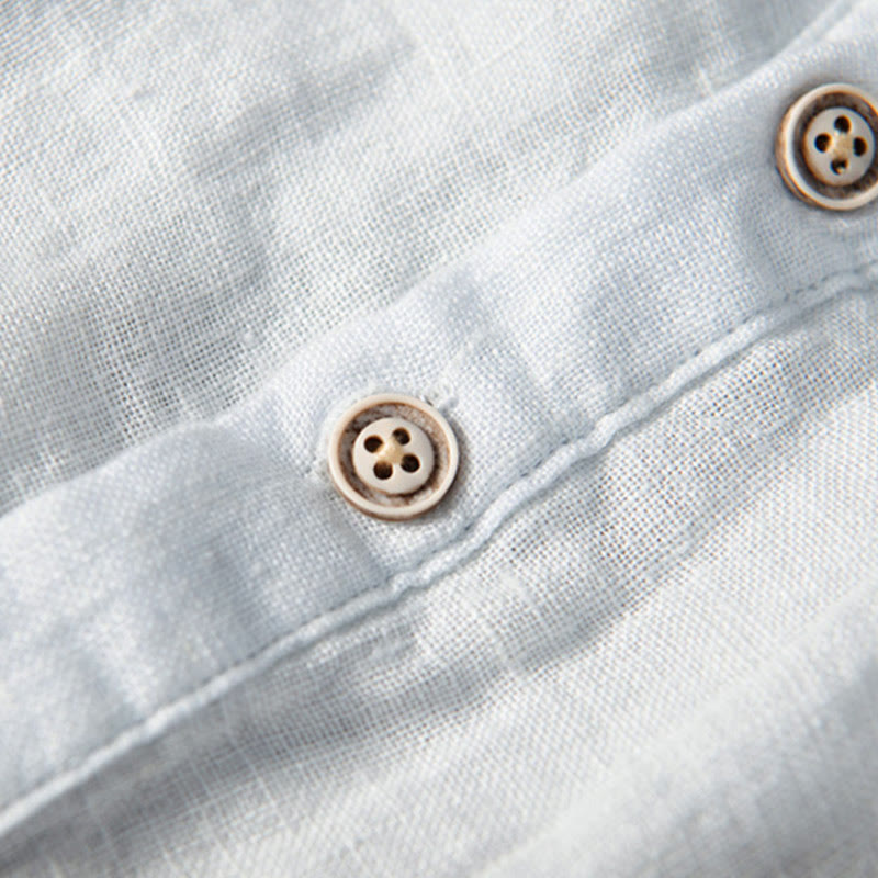 Buddha Stones Solid Color Short Sleeve Half Button Shirt Cotton Linen Men Clothing - image 17
