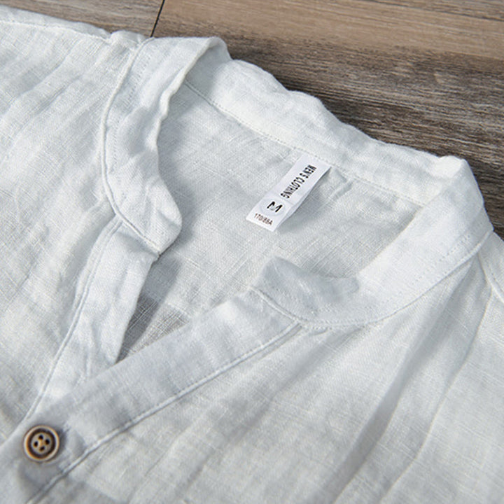 Buddha Stones Solid Color Short Sleeve Half Button Shirt Cotton Linen Men Clothing