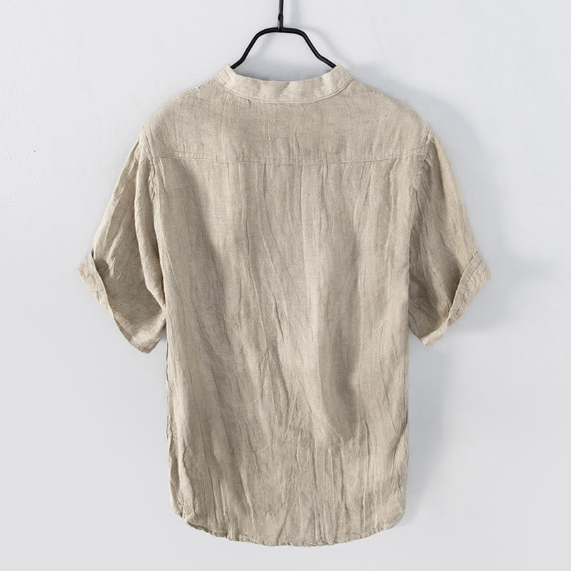 Buddha Stones Solid Color Short Sleeve Half Button Shirt Cotton Linen Men Clothing - image 20