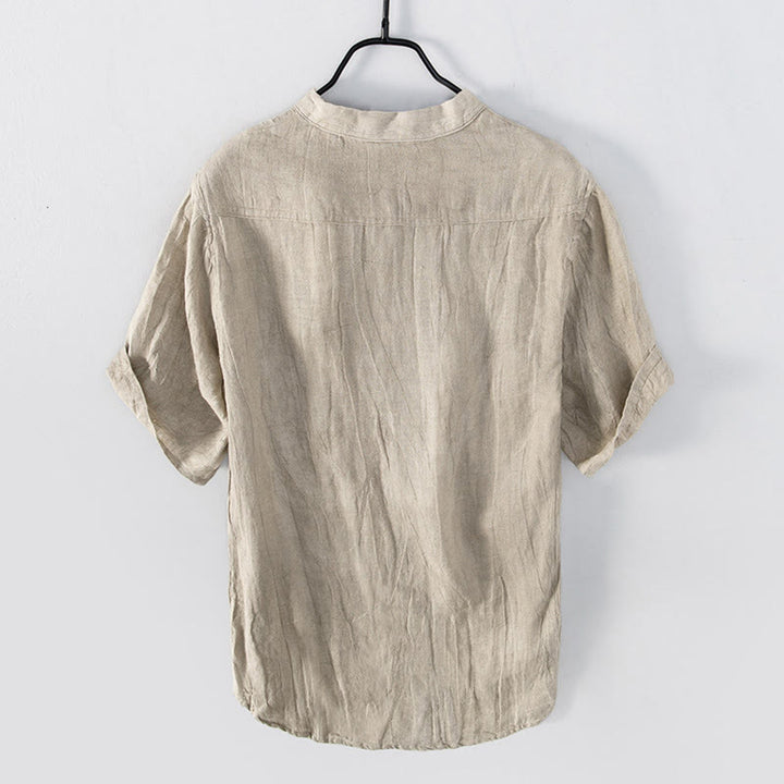 Buddha Stones Solid Color Short Sleeve Half Button Shirt Cotton Linen Men Clothing