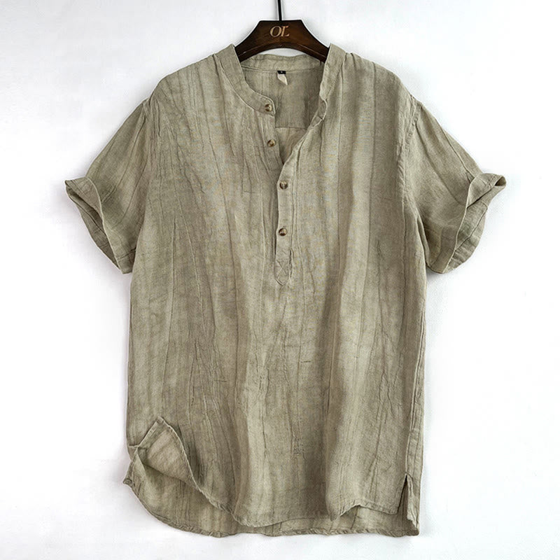 Buddha Stones Solid Color Short Sleeve Button Shirt Linen Men Clothing