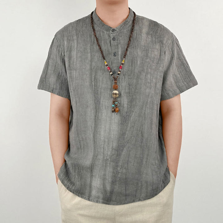 Buddha Stones Solid Color Short Sleeve Button Shirt Linen Men Clothing