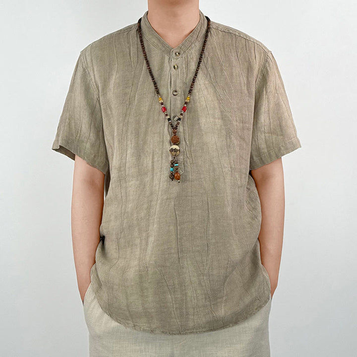 Buddha Stones Solid Color Short Sleeve Button Shirt Linen Men Clothing