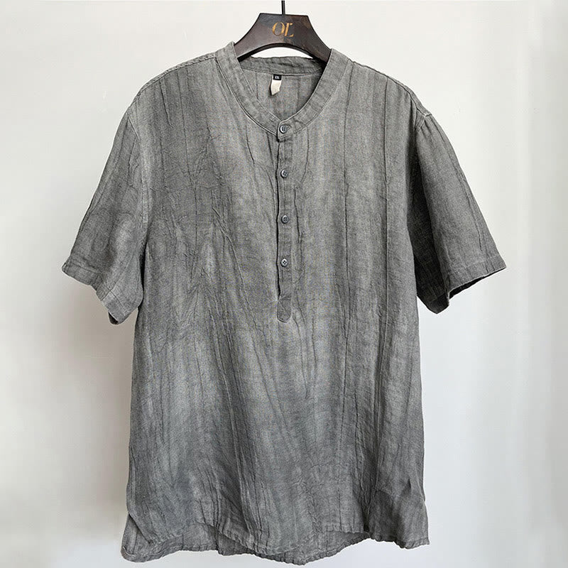 Buddha Stones Solid Color Short Sleeve Button Shirt Linen Men Clothing