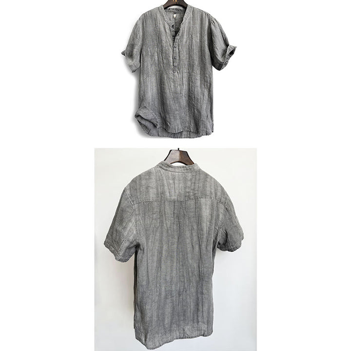 Buddha Stones Solid Color Short Sleeve Button Shirt Linen Men Clothing