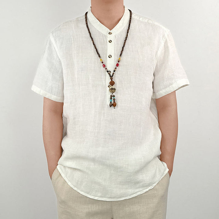 Buddha Stones Solid Color Short Sleeve Button Shirt Linen Men Clothing