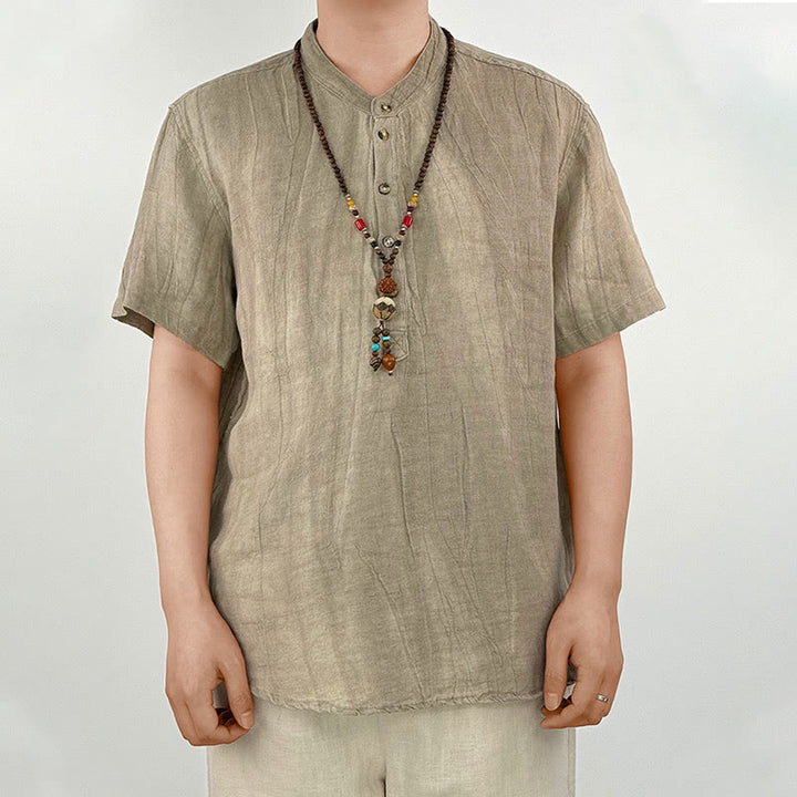 Buddha Stones Solid Color Short Sleeve Button Shirt Linen Men Clothing