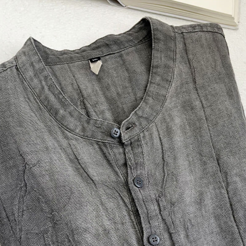 Buddha Stones Solid Color Short Sleeve Button Shirt Linen Men Clothing