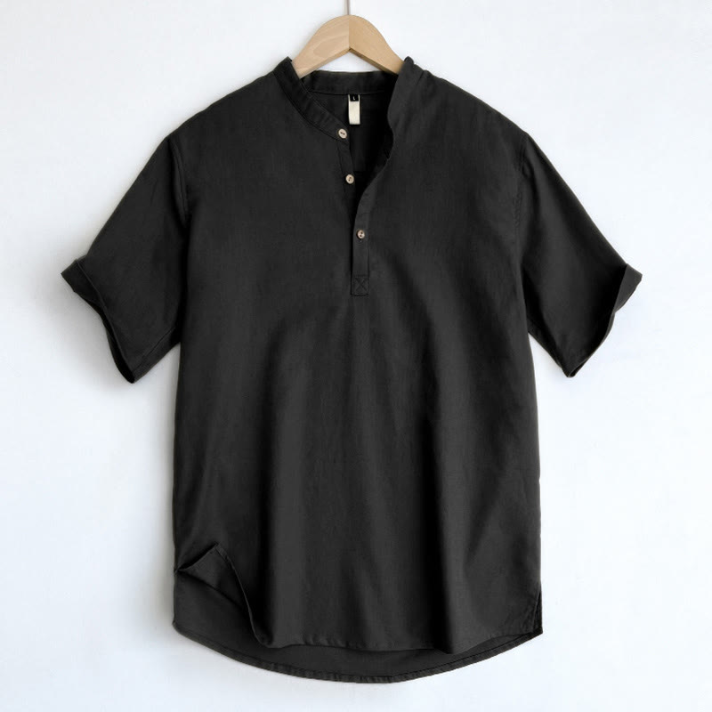 Buddha Stones Solid Color Men Short Sleeve Button Linen Shirt - Black - US/UK/AU44，EU54 (4XL) - image 20