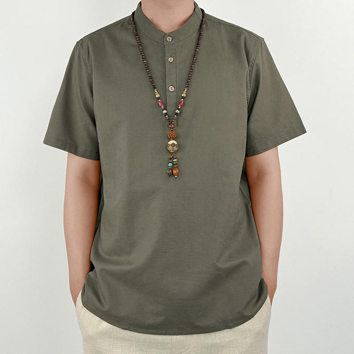 Buddha Stones Solid Color Men Short Sleeve Button Linen Shirt