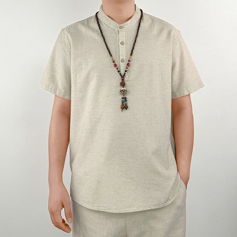 Buddha Stones Solid Color Men Short Sleeve Button Linen Shirt