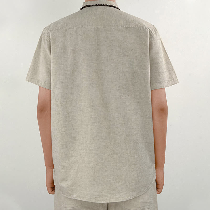 Buddha Stones Solid Color Men Short Sleeve Button Linen Shirt - image 9