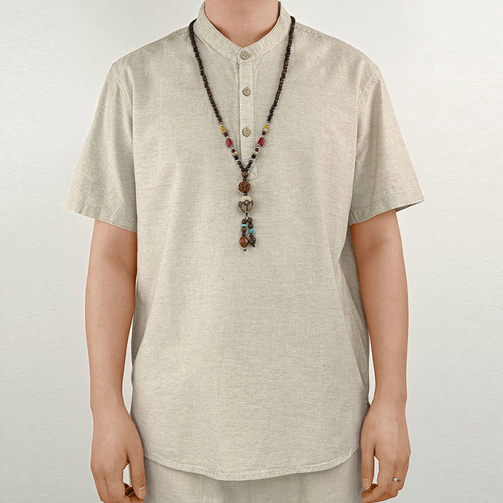 Buddha Stones Solid Color Men Short Sleeve Button Linen Shirt