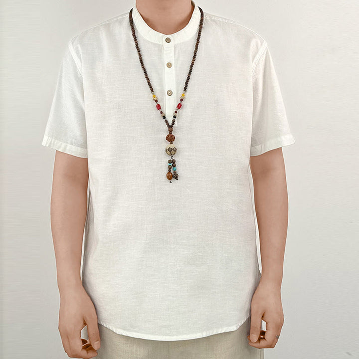 Buddha Stones Solid Color Men Short Sleeve Button Linen Shirt