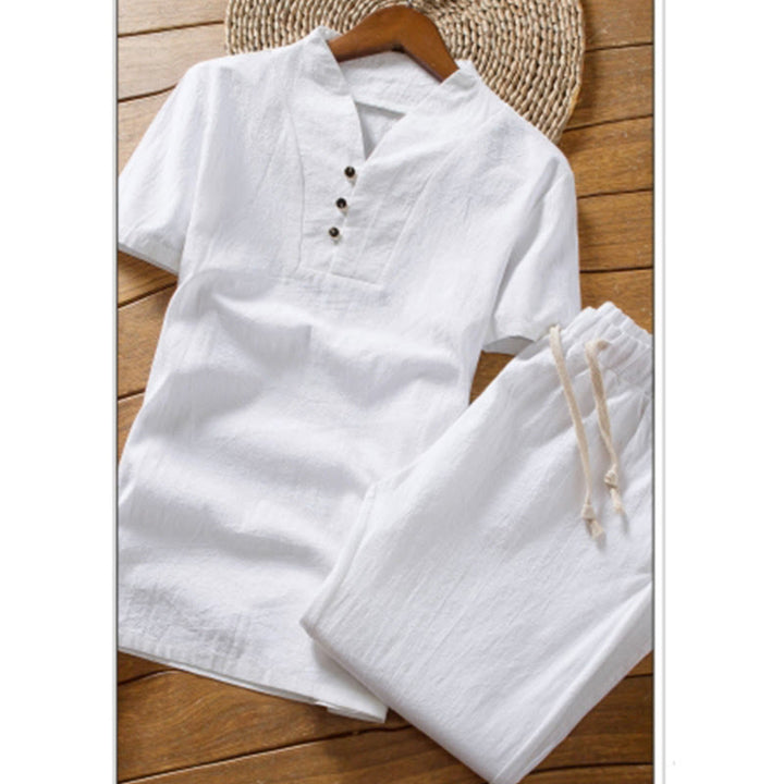 Buddha Stones 2Pcs Solid Color Linen Button Short Sleeve T-shirt Pants Men's Set