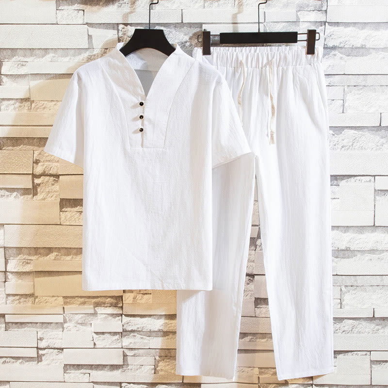 Buddha Stones 2Pcs Solid Color Cotton Button Short Sleeve T-shirt Pants Men's Set - White - US/UK/AU44，EU54 (5XL) - image 0