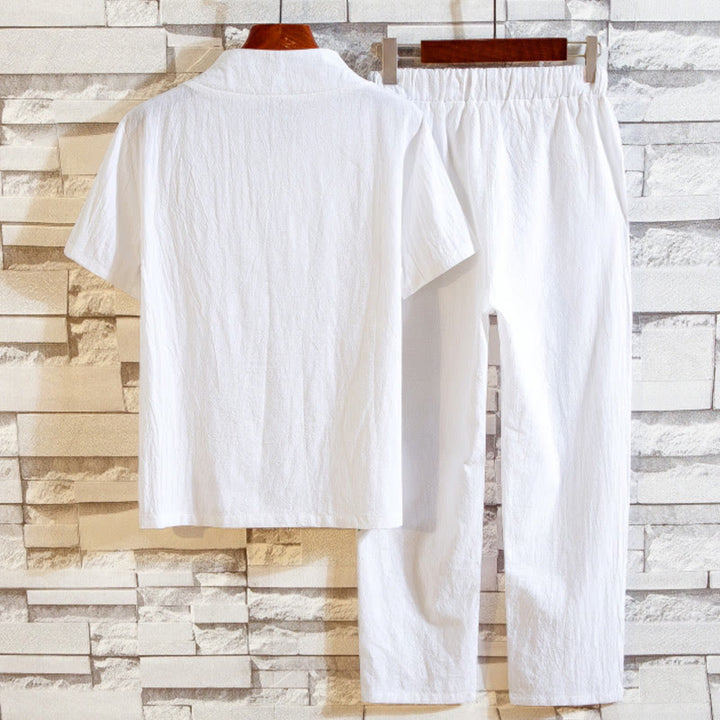 Buddha Stones 2Pcs Solid Color Cotton Button Short Sleeve T-shirt Pants Men's Set - image 2