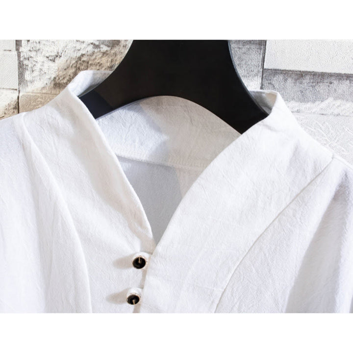 Buddha Stones 2Pcs Solid Color Cotton Button Short Sleeve T-shirt Pants Men's Set - image 4