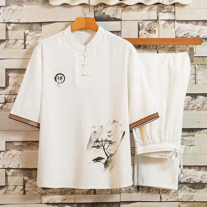 Buddha Stones 2Pcs Tree Pattern Cotton Linen Frog-Button Short Sleeve Shirt Pants Men's Set