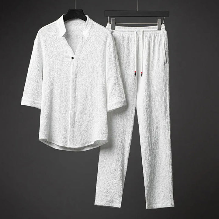 Buddha Stones 2Pcs Solid Color Texture Button Half Sleeve Shirt Pants Men's Set - White - US/UK/AU44，EU54 (5XL) - image 2