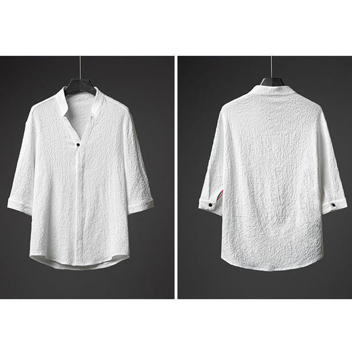 Buddha Stones 2Pcs Solid Color Texture Button Half Sleeve Shirt Pants Men's Set - image 8