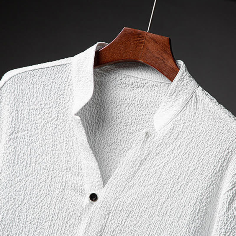 Buddha Stones 2Pcs Solid Color Texture Button Half Sleeve Shirt Pants Men's Set - image 4