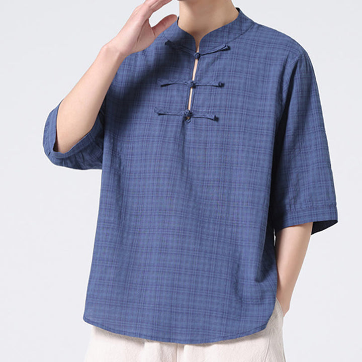 Buddha Stones Frog-Button Plaid Pattern Chinese Tang Suit Half Sleeve Shirt Cotton Linen Men Clothing