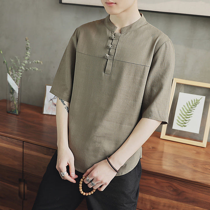 Buddha Stones Casual Half Sleeve Shirt Cotton Linen Men Clothing